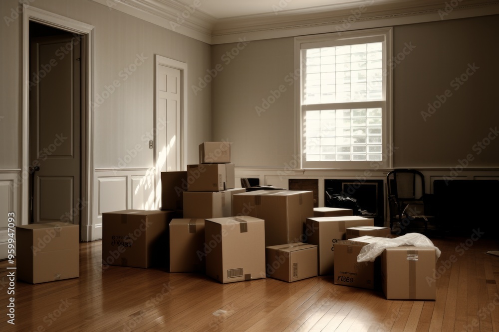 Interior of a empty apartment with moving boxes Interior of a empty apartment with moving boxes
