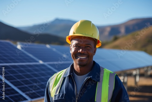 Portrait of a middle aged male engineer standing next to solar panels