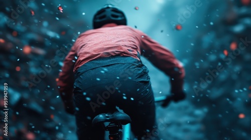 A lone cyclist in a red jacket rides through a fog-covered forest, embodying a sense of adventure and determination. The image captures the rear view, emphasizing the challenging path. photo