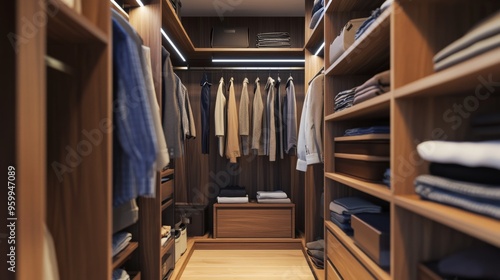 A spacious walk-in wardrobe with neatly organized shelves and hanging clothes, showcasing a modern and stylish storage solution with ample space