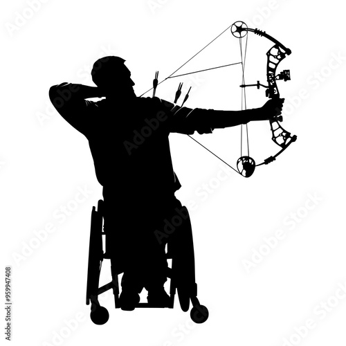 Silhouette of wheelchair archer athlete. Hadicapped archer silhouette