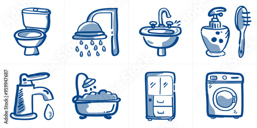 Explore a curated collection of bathroom and laundry icons, including a toilet, sink, and washing machine, hand drawn doodles, blue ink painted vector illustration