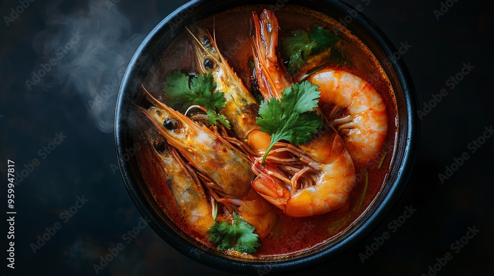 A steaming bowl of Tom Yum Goong photographed from above, with rich red broth, fresh shrimp, and Thai herbs creating a vibrant and appetizing scene. A steaming bowl of Tom Yum Goong photographed from above, with rich red broth, fresh shrimp, and Thai herbs creating a vibrant and appetizing scene.