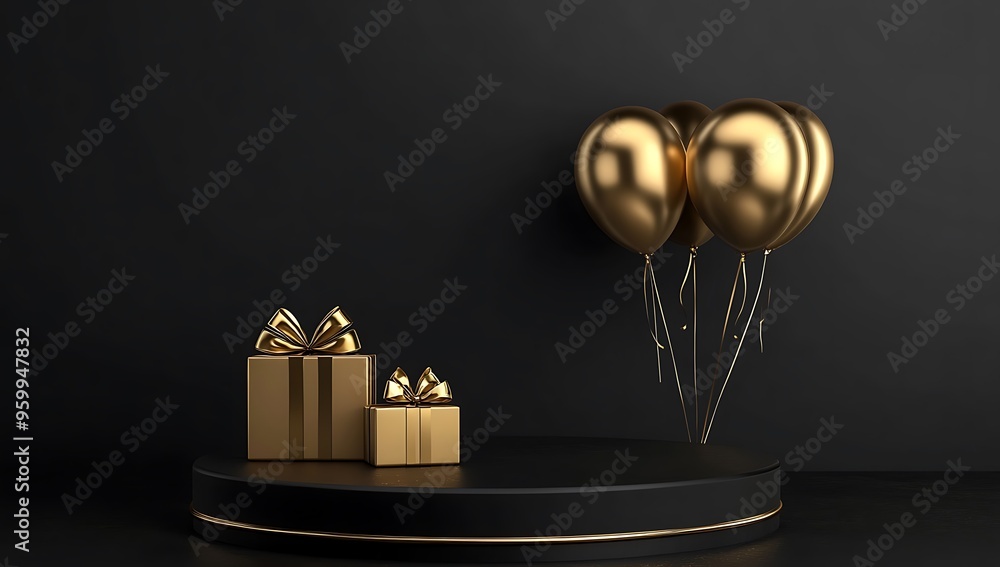 Black and gold podium with balloons, gifts on a black background for product presentation Black and gold podium with balloons, gifts on a black background for product presentation
