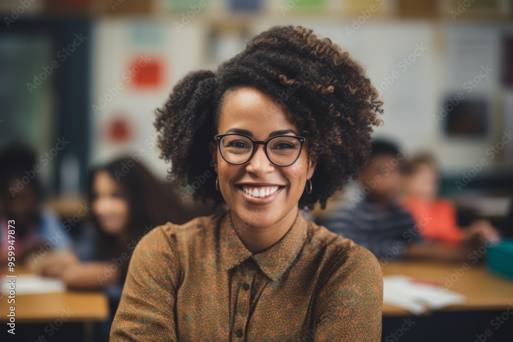 Smiling portrait of a young black female teacher in classroom Smiling portrait of a young black female teacher in classroom