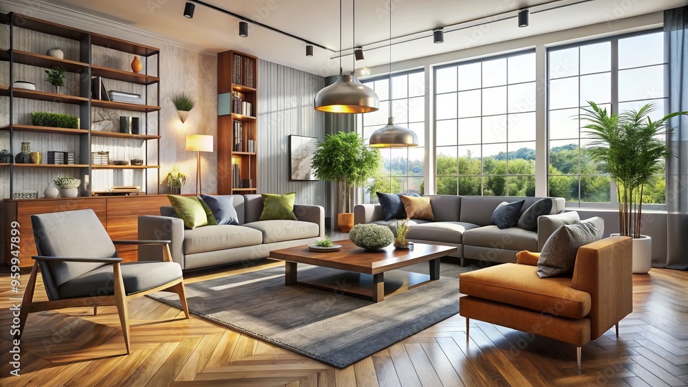 Softly glowing lamps on low-slung sofas blend with chunky armchairs and ottomans, creating a warm, inviting space that Softly glowing lamps on low-slung sofas blend with chunky armchairs and ottomans, creating a warm, inviting space that