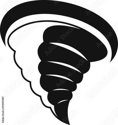Black and white illustration of a powerful tornado forming a vortex, representing danger and destructive weather phenomena