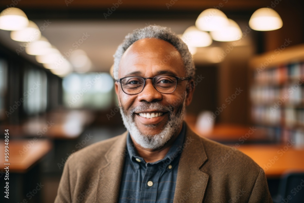 Fototapeta premium Portrait of a smiling senior African American man in library