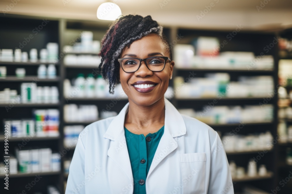 Smiling portrait of a middle aged female pharmacy worker