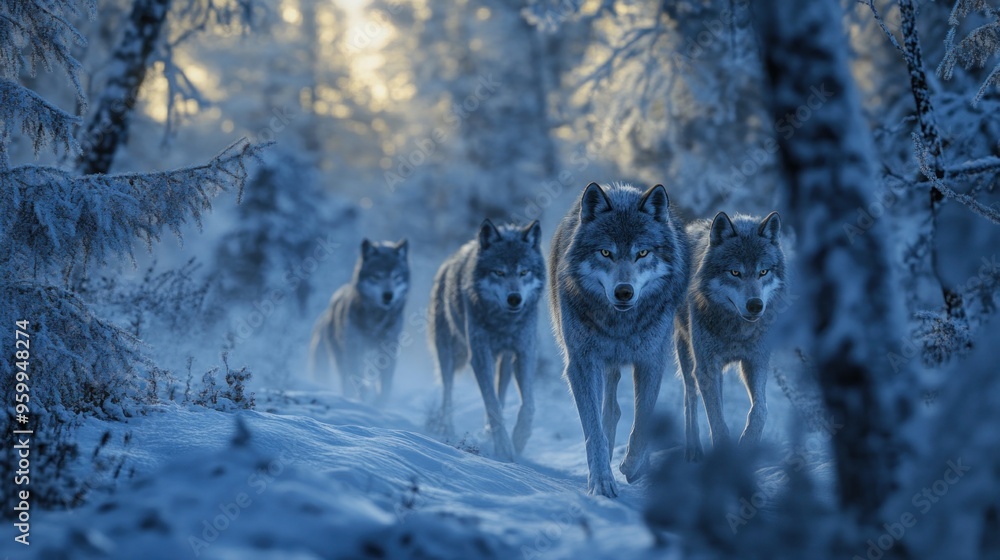 Naklejka premium Wolf Pack in a Snowy Forest