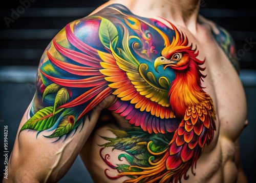 Colorful Phoenix Bird Tattoo On A Muscular Bicep With Intricate Details And Vibrant Hues