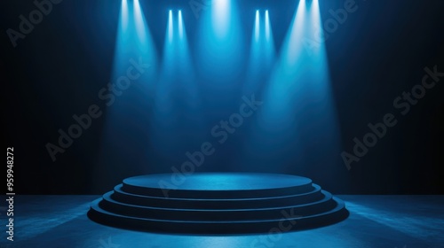 blue podium showcase with blue spotlight and golden glittering lights on dark background
 photo