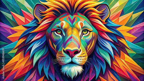 Colorful, stylized illustration of a lion's head in bold, geometric shapes, with a vibrant mane and piercing eyes, set against a contrasting background.