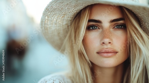 A close-up portrait of a young woman with blonde hair wearing a straw hat, looking straight at the camera with confidence, her green eyes sparkling with life.