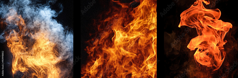 High-resolution imagery of four panels, each displaying different types of flames on a black background, focusing on the vivid and unique characteristics of each fire pattern. High-resolution imagery of four panels, each displaying different types of flames on a black background, focusing on the vivid and unique characteristics of each fire pattern.