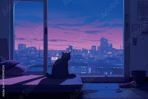 Cat gazing cityscape twilight