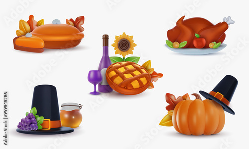 Thanksgiving composition with seasonal celebration elements in 3d cartoon style. Set festive concept design. Vector illustration.