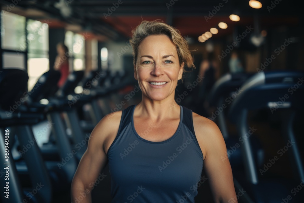 Smiling portrait of a middle aged slightly overweight woman in gym Smiling portrait of a middle aged slightly overweight woman in gym