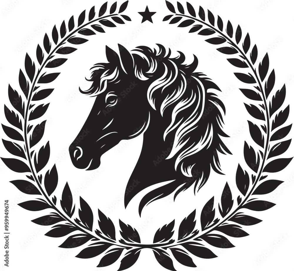 horse laurel wreath,elegant vector style,silhouette vector,black and white color horse laurel wreath,elegant vector style,silhouette vector,black and white color