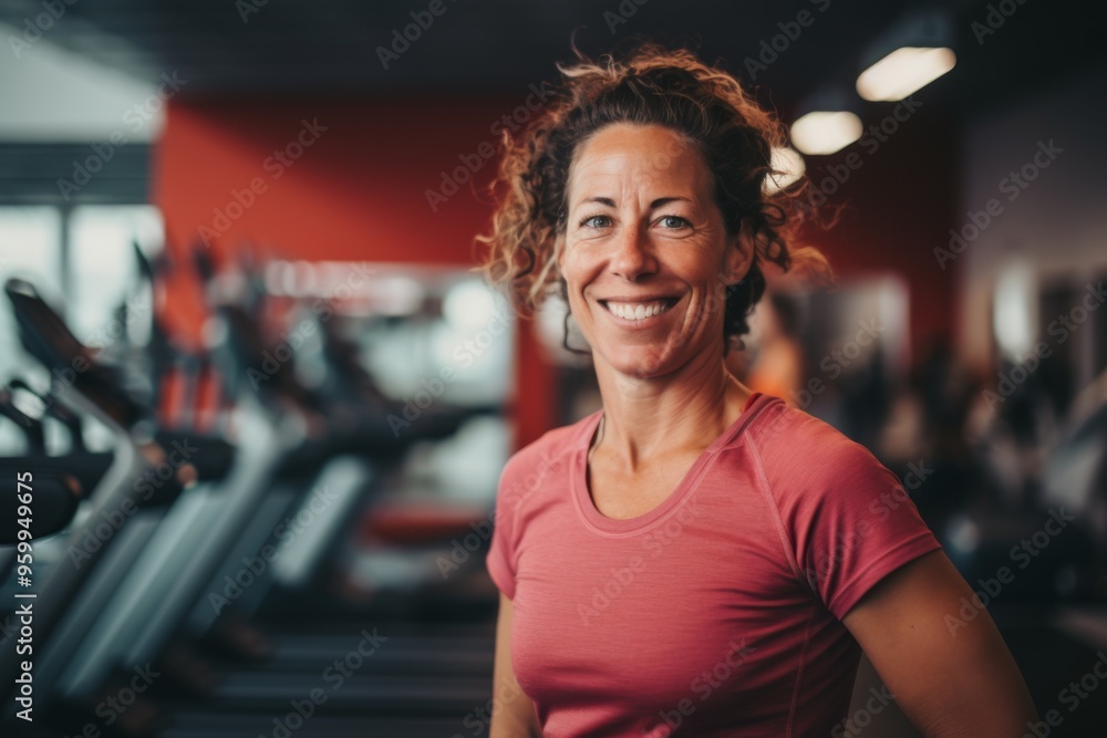 Fototapeta premium Smiling portrait of a middle aged slightly overweight woman in gym