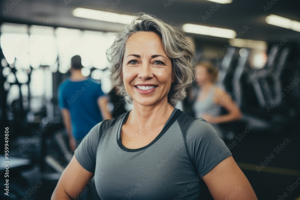 Smiling portrait of a middle aged slightly overweight woman in gym Smiling portrait of a middle aged slightly overweight woman in gym
