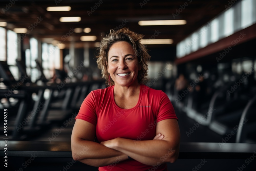 Smiling portrait of a middle aged slightly overweight woman in gym Smiling portrait of a middle aged slightly overweight woman in gym