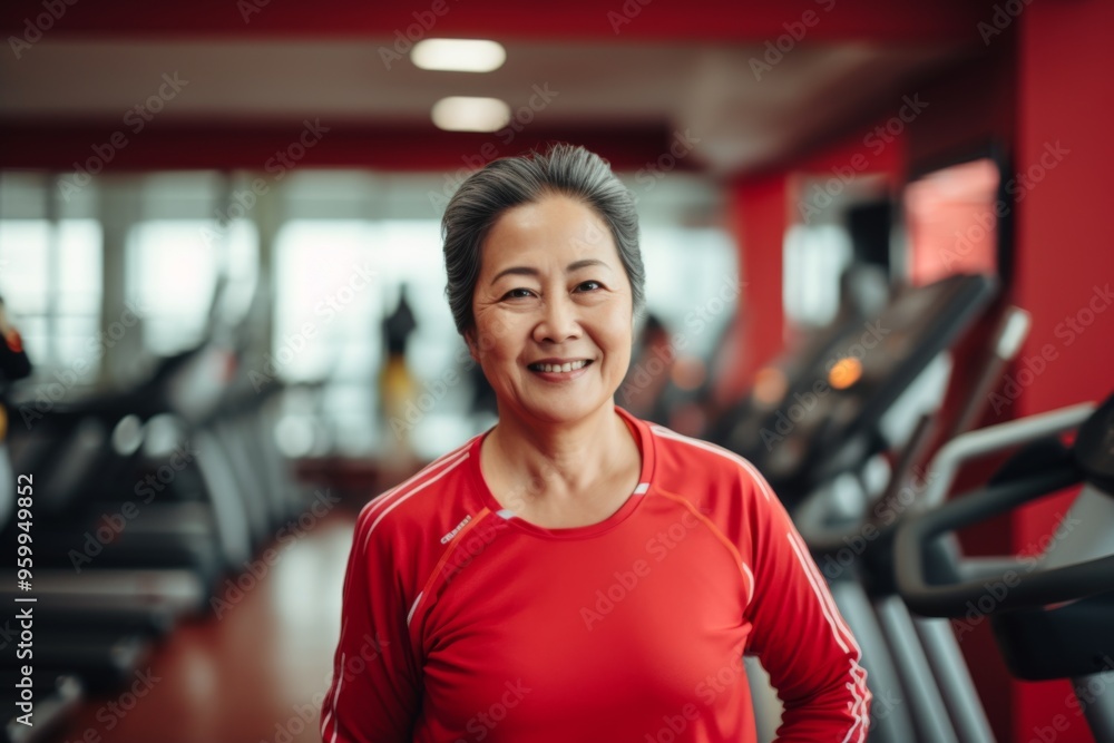 Smiling portrait of a middle aged slightly overweight woman in gym Smiling portrait of a middle aged slightly overweight woman in gym