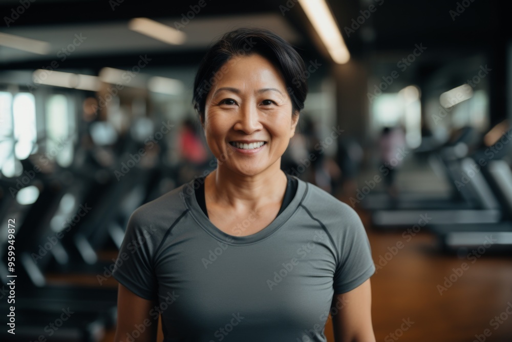 Smiling portrait of a middle aged slightly overweight woman in gym Smiling portrait of a middle aged slightly overweight woman in gym