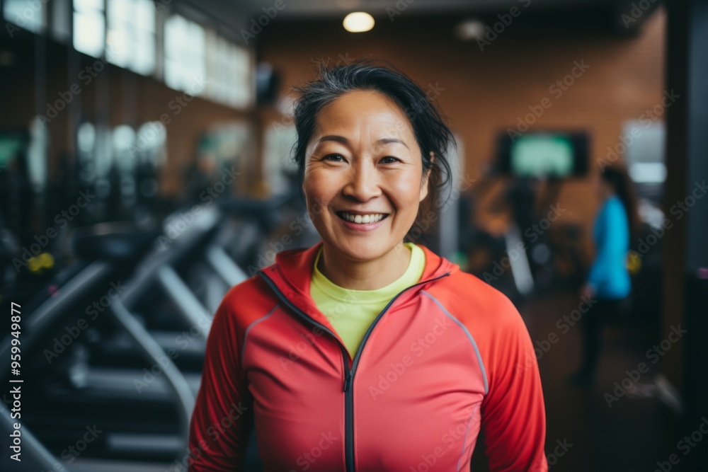 Smiling portrait of a middle aged slightly overweight woman in gym Smiling portrait of a middle aged slightly overweight woman in gym