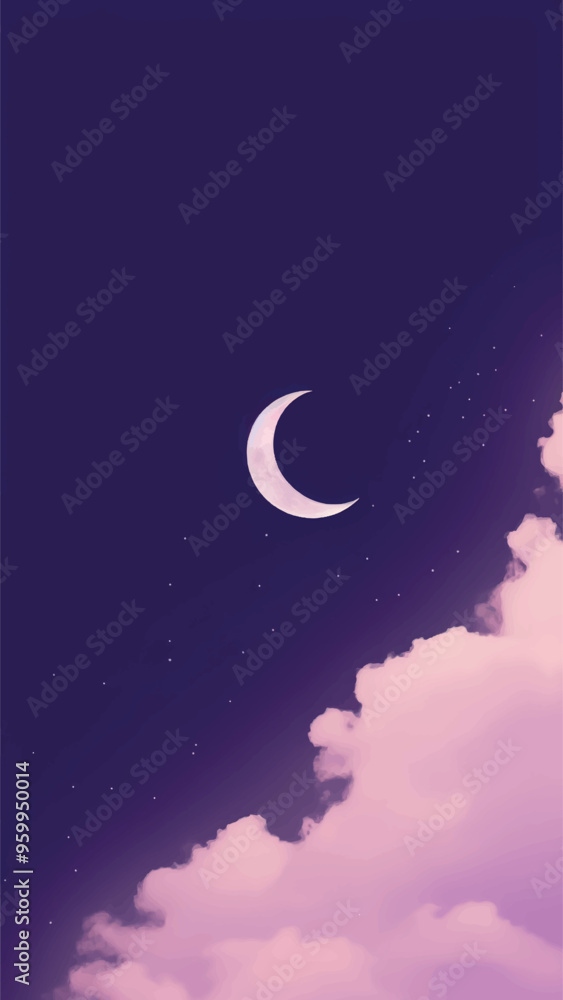 Naklejka premium Crescent moon, purple sky, clouds