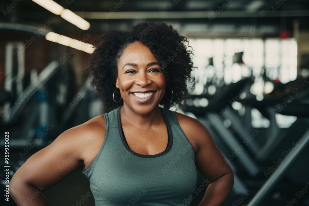 Fototapeta premium Smiling portrait of a middle aged slightly overweight woman in gym