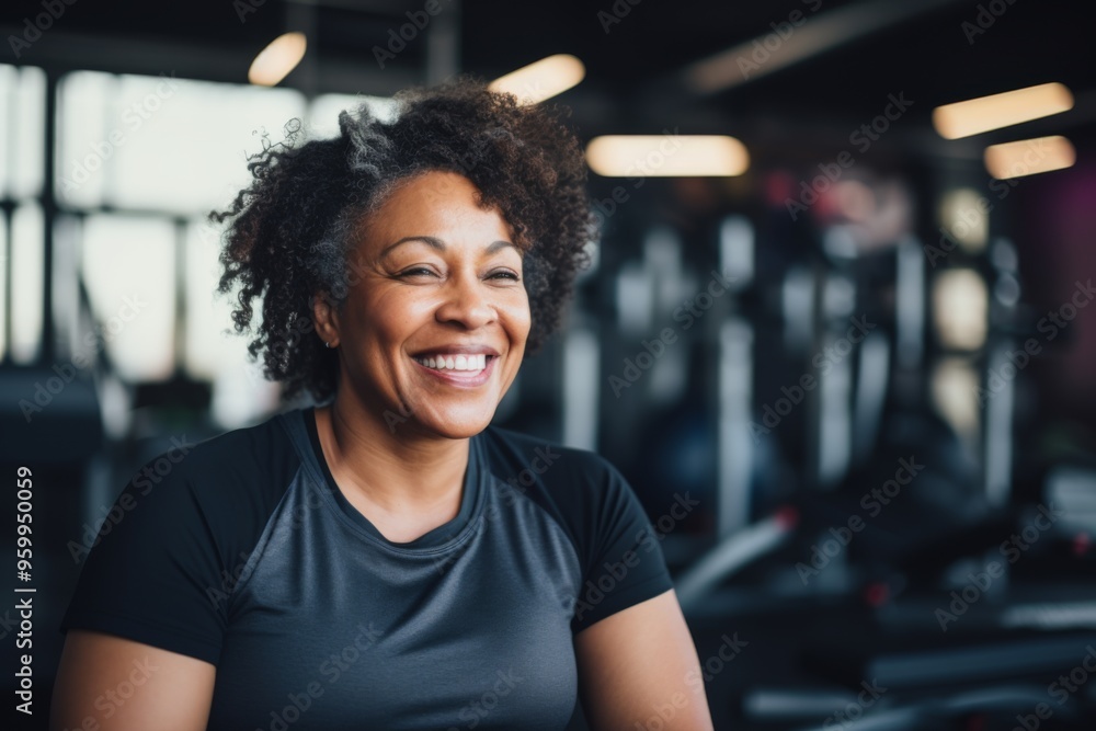 Smiling portrait of a middle aged slightly overweight woman in gym Smiling portrait of a middle aged slightly overweight woman in gym