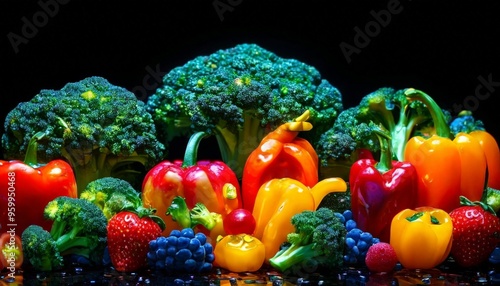 A visually striking arrangement of colorful vegetables and fruits, including broccoli, bell peppers, strawberries, and blueberries, showcased against a dark background. The vibrant colors stand out photo