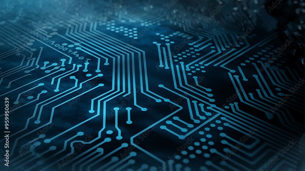 Abstract digital network circuit board background banner with glowing light and connecting data dots in blue and black colors. Big data technology concept. Abstract digital network circuit board background banner with glowing light and connecting data dots in blue and black colors. Big data technology concept.