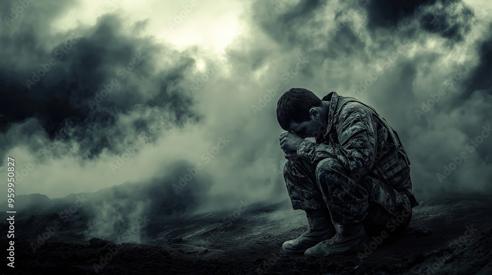 A sad and tired soldier sitting. A sad and tired soldier sitting.