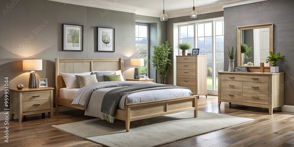 Fototapeta premium Soft morning light illuminates a serene bedroom, where a sleek Carlton bed frame dominates the space, paired with