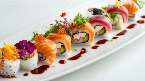 A stylish sushi presentation with an assortment of sushi rolls and sashimi, beautifully arranged on a long white plate with decorative sauces and fresh herbs