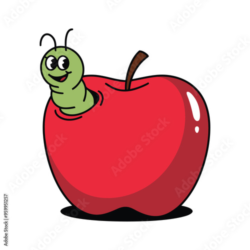 Cartoon green worm peeking out of a red apple illustration