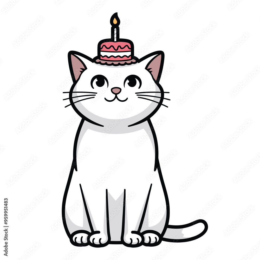 Obraz premium Charming white cat celebrating with a pink birthday cake