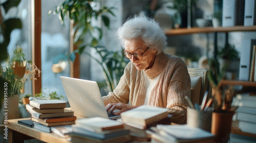 Elderly woman using laptop in cozy home office with books and plants. Senior learning technology. Elderly woman using laptop in cozy home office with books and plants. Senior learning technology.