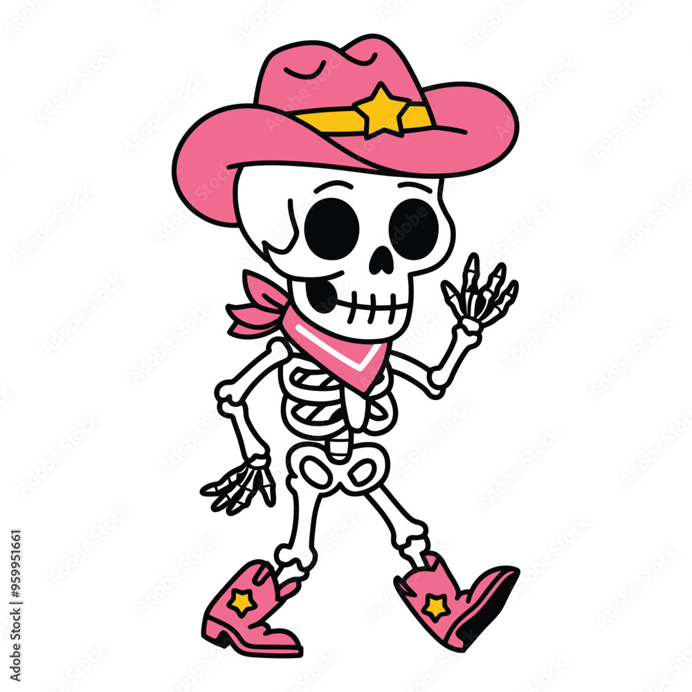 Cowboy skeleton wearing pink hat and boots cartoon illustration Cowboy skeleton wearing pink hat and boots cartoon illustration