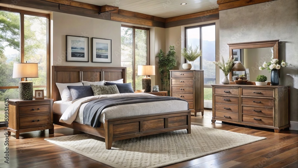 Fototapeta premium Soft, plush beds and gentle curves create a serene atmosphere in this stylish bedroom furniture, perfect for a