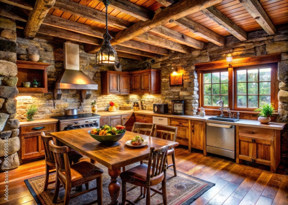 Cozy rustic kitchen inside a log cabin features wood beams, stone walls, wooden furniture, and vintage appliances, evoking a warm and inviting mountain retreat atmosphere. Cozy rustic kitchen inside a log cabin features wood beams, stone walls, wooden furniture, and vintage appliances, evoking a warm and inviting mountain retreat atmosphere.