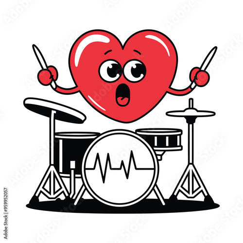 Cartoon heart playing drums illustration