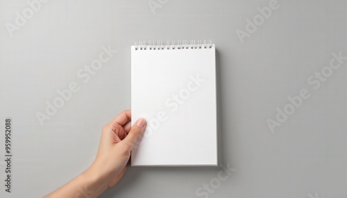 Hand holding a blank paper notepad isolated on a neutral gray background