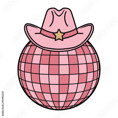Sparkling Disco Sphere with Pink Cowboy Hat Illustration