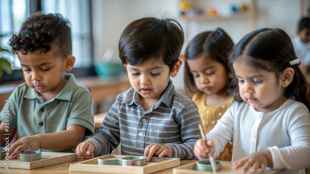 Young Indian children participating in activities at an early education center, focusing on foundational learning. Young Indian children participating in activities at an early education center, focusing on foundational learning.