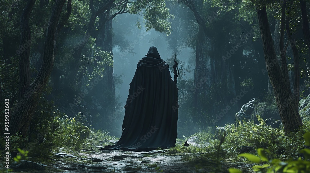 Mysterious dark forest with fog and a woman in a black cloak Mysterious dark forest with fog and a woman in a black cloak