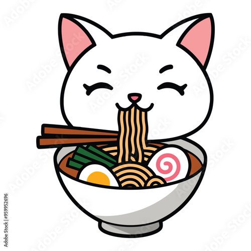 Cute Cat Eating Ramen Noodles Illustration