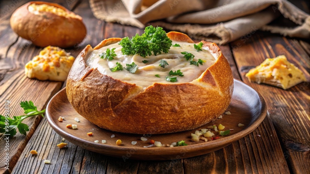 Crunchy, golden-brown bread bowl overflowing with creamy, flavorful chowder, garnished with fresh parsley and a sprinkle of crumbled crackers, against a rustic wooden backdrop. Crunchy, golden-brown bread bowl overflowing with creamy, flavorful chowder, garnished with fresh parsley and a sprinkle of crumbled crackers, against a rustic wooden backdrop.